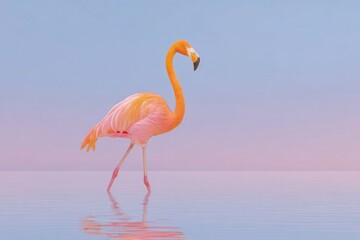 Fototapeta premium Elegant flamingo stands gracefully in tranquil waters, reflectin