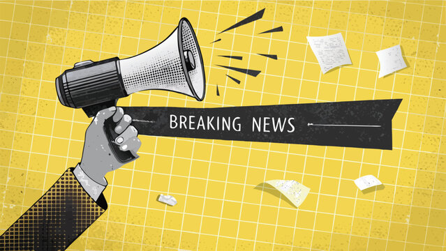 Hand holding megaphone announcing breaking news with paper on a textured yellow background design style