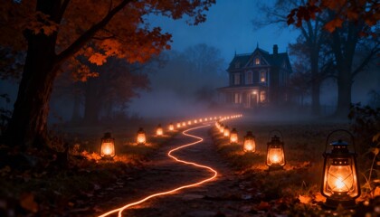 Mysterious Lantern Path Leading to an Old Victorian Mansion on a Foggy Autumn Night