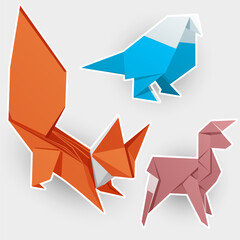 Fox, sheep, bird. Set of origami illustration. Cartoon Stickers collection. 