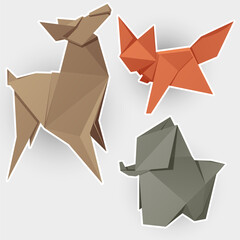 Dog, fox, elephant. Set of origami illustration. Cartoon Stickers collection. 