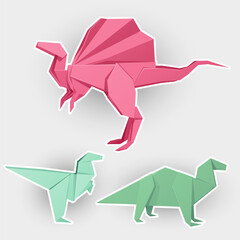 Spinosaurus, Apatosaurus, velociraptor, dinosaurus. Set of origami illustration. Cartoon Stickers collection.