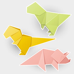 Triceratops, t-rex, Tyrannosaurus rex, dinosaurus. Set of origami illustration. Cartoon Stickers collection.