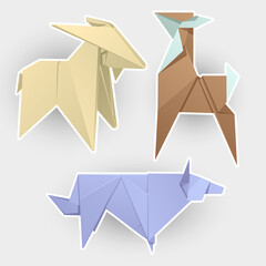 Goat, doe, wolf. Set of origami illustration. Cartoon Stickers collection. 