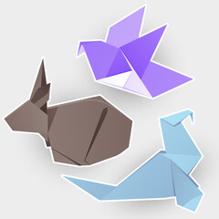 Sea elephant, bird, rabbit. Set of origami illustration. Cartoon Stickers collection. 