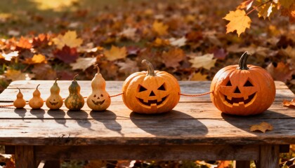 Friendly Jack-o'-Lanterns and Carved Gourds Lined Up on a Rustic Table Amidst Golden Autumn Leaves, Celebrating Halloween Season.