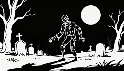 Zombie Walks Through Eerie Graveyard Under Full Moon - Classic Halloween Horror Night Illustration