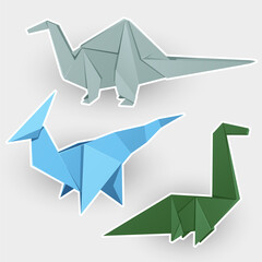 Apatosaurus, brachiosaurus, raptor, dinosaurus. Set of origami illustration. Cartoon Stickers collection.