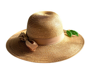 A wide-brimmed straw hat with a ribbon and two green leaves
