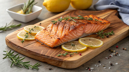 Grilled smoked salmon fillet with lemon slices and herbs on wooden board