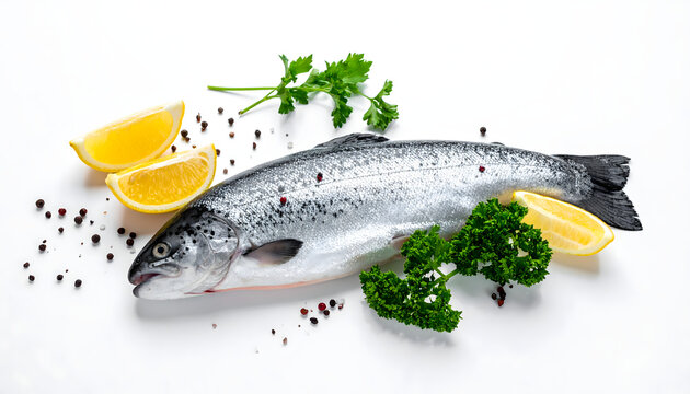 Whole raw salmon trout with lemon on a white background generative AI