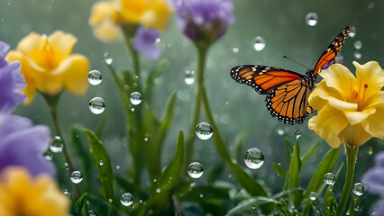 spring flowers butterfly water drops colors, butterfly on pink flower, butterfly on flower