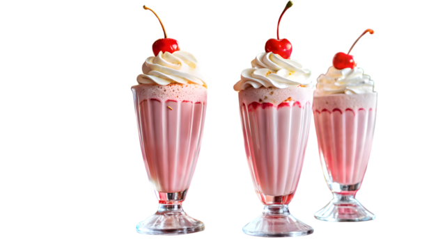 Three pink strawberry milkshakes with whipped cream and cherry on top isolated on transparent background