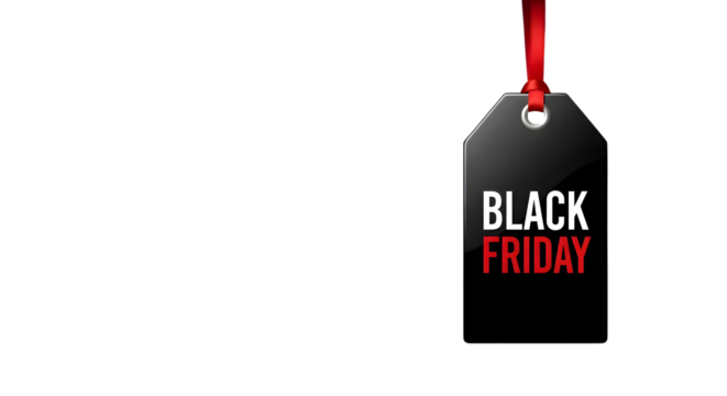 Black friday sale tag with red ribbon hanging, isolated on transparent background