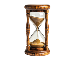Wooden-framed hourglass with sand flowing from top to bottom, isolated