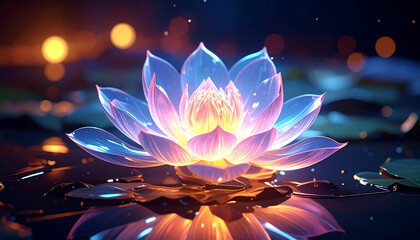 Glowing Lotus: A luminous lotus flower floats on the water, its petals radiating soft, otherworldly light, exuding serenity and peace.  