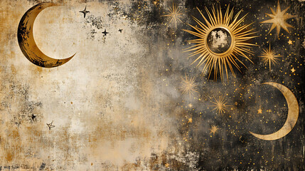 A vintage celestial abstract with sun and moon motifs, star patterns, and muted sepia tones