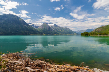 Fototapeta premium Oppstrynsvatnet is a lake in Stryn Municipality in Vestland county, Norway. It is located about 8 kilometres east of the village of Stryn. 