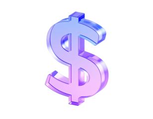 A glossy, iridescent dollar sign floats with a black background