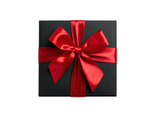 A square black gift box tied with a vibrant red satin ribbon and bow against black