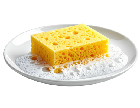 A yellow, porous block sponge sits on a soapy plate with bubbles
