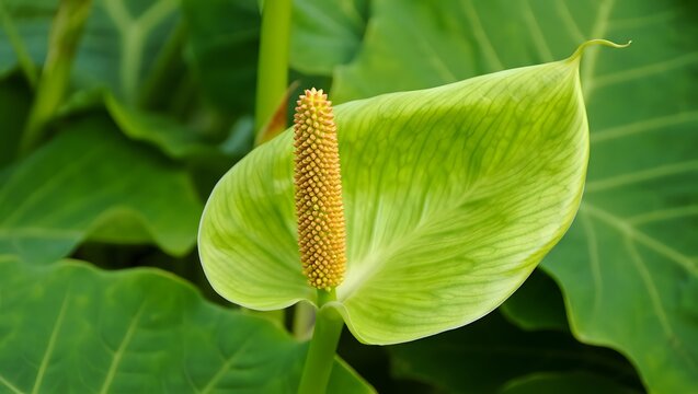 Closeup of green peace lily flower with spadix
