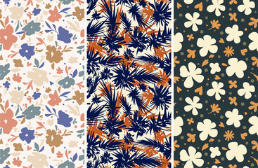 A set of seamless floral patterns in trendy colors, retro linear vector, concise, contrasting, vintage, handmade designs for fabric design, decor, postcards, elements on light and dark backgrounds