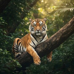 Obraz premium Majestic Bengal Tiger Relaxing on a Tree Branch in the Dense Green Tropical Jungle or Forest