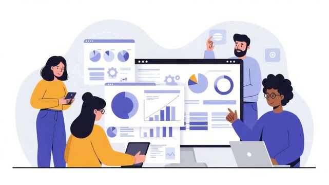 Diverse group analyzing charts on screens with one using a phone
