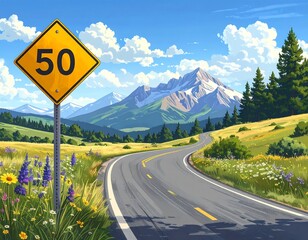 Scenic mountain road with speed limit sign