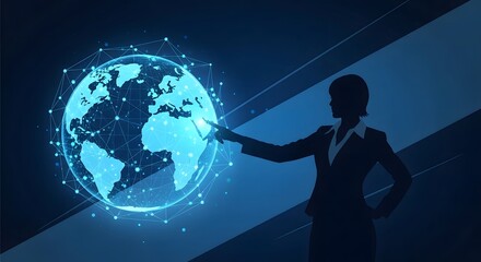 Silhouette of a businesswoman pointing at a glowing digital Earth, representing global business and technology.