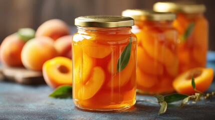 Benefits of Canned Fruit. Homemade peach preserves in jars with fresh peaches in the background.