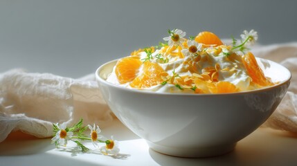 Benefits of Canned Fruit. A bowl of creamy dessert topped with orange slices and edible flowers.