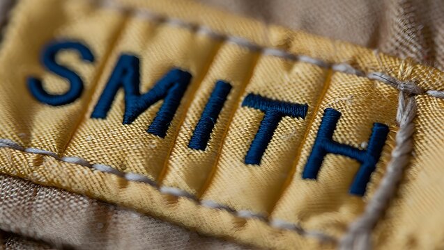 Closeup of smith brand label on yellow fabric