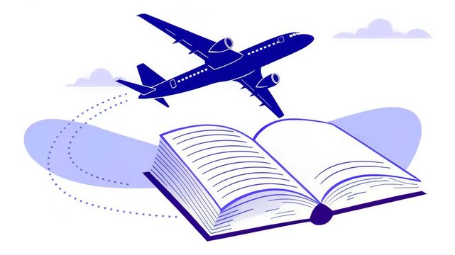 Minimal flat vector of an airplane silhouette above an open book for educational study use