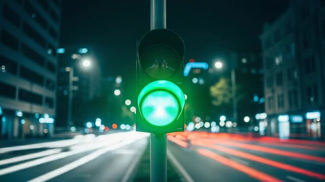 Traffic light changing from red to green at night in a city with light trails