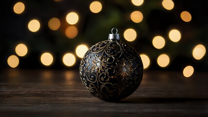ball in dark background and lights background, christmas tree decorations. golden christmas balls