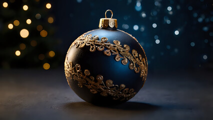 ball in dark background and lights background, christmas tree decorations. golden christmas balls