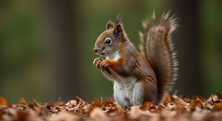 Obraz premium Alert squirrel in natural habitat amidst fallen leaves during autumn