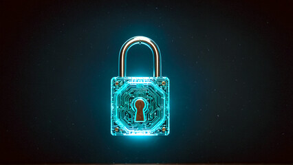 Futuristic digital padlock with glowing circuit board design symbolizes unbreakable cybersecurity and advanced data protection for modern tech solutions