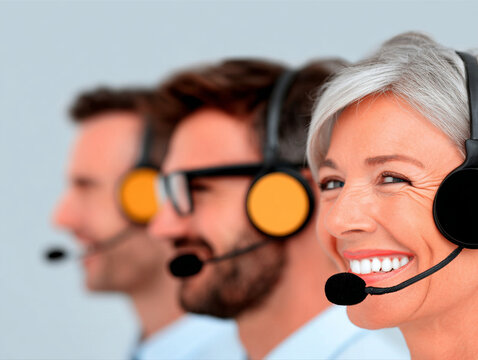Supportive team practicing active listening techniques with headsets and smiles