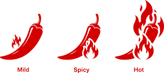 Spice level marks - mild, spicy and hot. Green and red chili pepper. Symbol of pepper with fire. Chili level icons set. Vector illustration isolated on white background