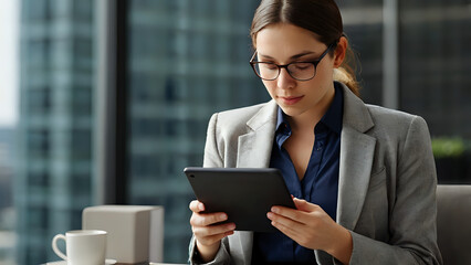 businesswoman with tablet computer, Young businesswoman working on a tablet