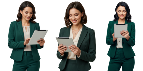 Group of diverse business women wearing deep green clothes using tablet isolated on transparent white background