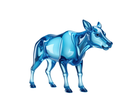 A transparent blue cow sculpture illuminated against a black background - Powered by Adobe