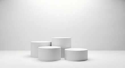 Four White Cylindrical Pedestals of Varying Heights on a White Surface podium display