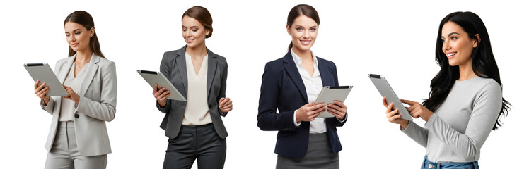 Group of diverse business women holding tablet isolated on transparent white background