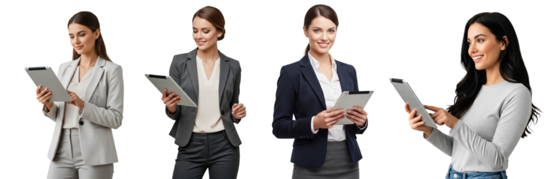 Group of diverse business women holding tablet isolated on transparent white background - Powered by Adobe