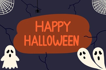 A dark Halloween greeting card illustration featuring spooky ghosts, spider webs, and a spider with bold text “Happy Halloween” in the center.
