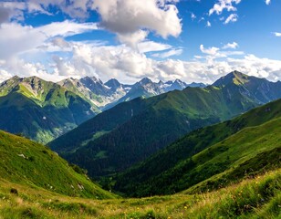 Obraz premium Panoramic mountain vista, lush green slopes, sunny sky